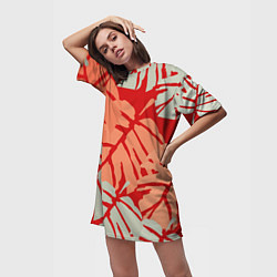 Футболка женская длинная Отпечатки монстеры на красном, цвет: 3D-принт — фото 2