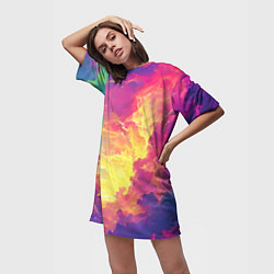 Футболка женская длинная Розовые облака на синем небе, цвет: 3D-принт — фото 2