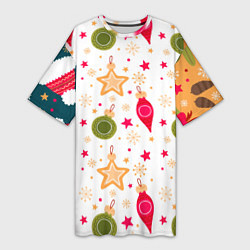 Футболка женская длинная Новогодние паттерны комбинация, цвет: 3D-принт