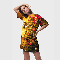 Футболка женская длинная Новогодняя наряженная ёлка, цвет: 3D-принт — фото 2