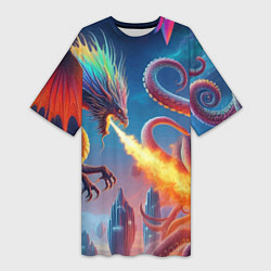Футболка женская длинная Огнедышащий дракон против осьминога - нейроарт фан, цвет: 3D-принт
