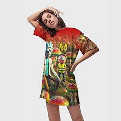 Футболка женская длинная Рик и Морти заблудились в мухоморном поле, цвет: 3D-принт — фото 2