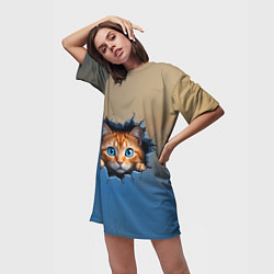 Футболка женская длинная Выглядывающий котенок, цвет: 3D-принт — фото 2