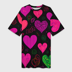 Футболка женская длинная Сердечки на черном, цвет: 3D-принт