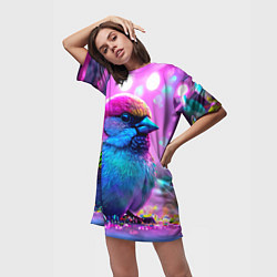 Футболка женская длинная Неоновый воробей, цвет: 3D-принт — фото 2