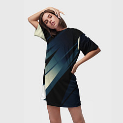 Футболка женская длинная Чёрно-синий абстрактный с полосами, цвет: 3D-принт — фото 2