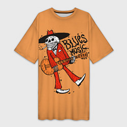 Футболка женская длинная Блюз музыка - скелет с гитарой, цвет: 3D-принт