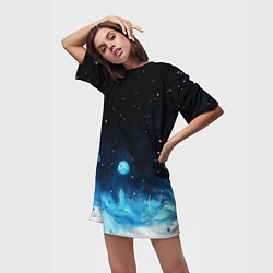 Футболка женская длинная Синяя светящееся краска, цвет: 3D-принт — фото 2