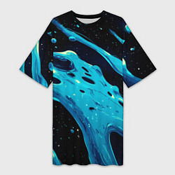 Футболка женская длинная Синие волны краски на черном, цвет: 3D-принт