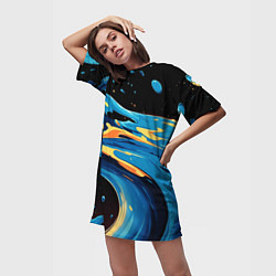 Футболка женская длинная Синяя волна из красок, цвет: 3D-принт — фото 2