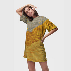 Футболка женская длинная Золотые волны на сером текстура, цвет: 3D-принт — фото 2