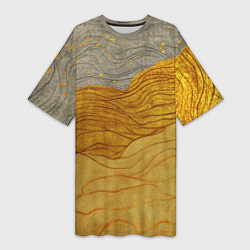 Футболка женская длинная Золотые волны на сером текстура, цвет: 3D-принт