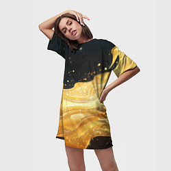 Футболка женская длинная Золотистая материя на черном фоне, цвет: 3D-принт — фото 2