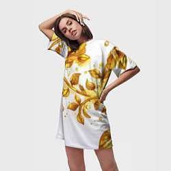 Футболка женская длинная Золотые листья на белом, цвет: 3D-принт — фото 2