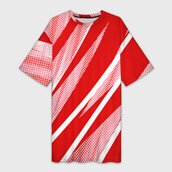 Футболка женская длинная Красно-белый абстракция с полосами, цвет: 3D-принт