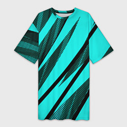 Футболка женская длинная Неоновый голубой с чёрным абстракция с полосами, цвет: 3D-принт