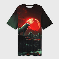Футболка женская длинная Белый волк на фоне красной луны, цвет: 3D-принт