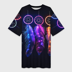 Футболка женская длинная Ловцы снов - свечение перьев, цвет: 3D-принт
