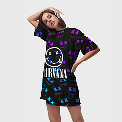 Футболка женская длинная Nirvana x marshmello neon, цвет: 3D-принт — фото 2