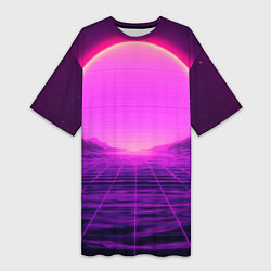 Футболка женская длинная Синтвейв ретровейв неоновый узор и солнце, цвет: 3D-принт