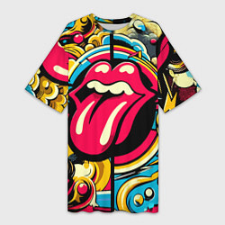 Футболка женская длинная Rolling Stones logo - pop art pattern, цвет: 3D-принт