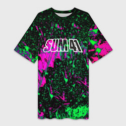 Футболка женская длинная Sum 41 неоновые краски, цвет: 3D-принт