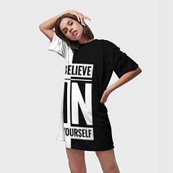 Футболка женская длинная Верь в себя надпись черно белая, цвет: 3D-принт — фото 2