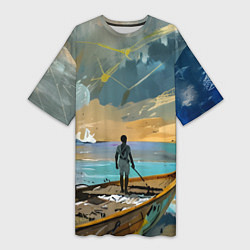 Футболка женская длинная Мальчик и лодка, цвет: 3D-принт