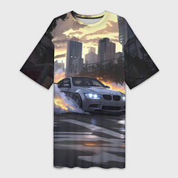 Футболка женская длинная БМВ в вечернем городе, цвет: 3D-принт