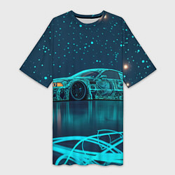Футболка женская длинная BMW неоновый фон, цвет: 3D-принт
