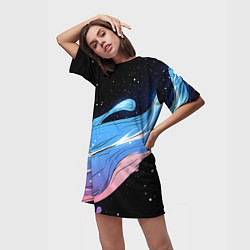 Футболка женская длинная Синяя волна на черном - текстура, цвет: 3D-принт — фото 2
