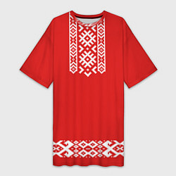 Футболка женская длинная Славянский узор на красном - вышиванка рубаха крас, цвет: 3D-принт