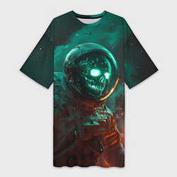 Футболка женская длинная Неоновый череп в скафандре космонавта, цвет: 3D-принт