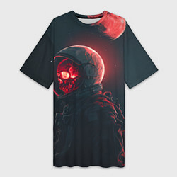 Женская длинная футболка Череп космонавта в красном свете