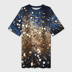 Футболка женская длинная Золотые блестки на черно-синем фоне, цвет: 3D-принт