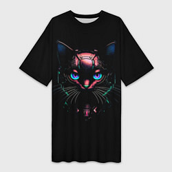 Футболка женская длинная Cyber cat неоновые глаза, цвет: 3D-принт
