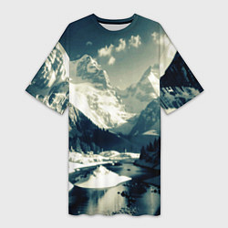 Футболка женская длинная Река и горы снежные пейзаж, цвет: 3D-принт