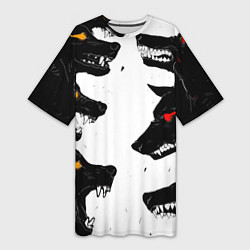 Футболка женская длинная Волки со светящимися глазами, цвет: 3D-принт