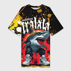 Футболка женская длинная Тралалера Тралала брейнрот мем - Акула в кроссовка, цвет: 3D-принт