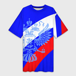 Футболка женская длинная Герб России на фоне триколора синий, цвет: 3D-принт