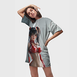 Футболка женская длинная Азиатская девушка в красном латексе, цвет: 3D-принт — фото 2