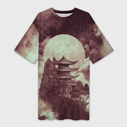 Футболка женская длинная Японская башня в горах, цвет: 3D-принт