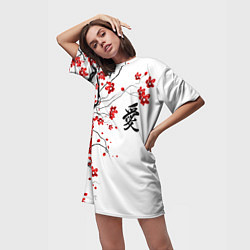 Футболка женская длинная Сакура с иероглифом Любовь, цвет: 3D-принт — фото 2