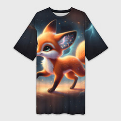 Футболка женская длинная Лиса бежит по космическому простору, цвет: 3D-принт
