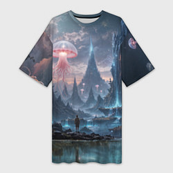 Футболка женская длинная Фантастический мир с медузами и озеро у гор, цвет: 3D-принт