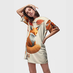 Футболка женская длинная Лис под осенними листьями, цвет: 3D-принт — фото 2