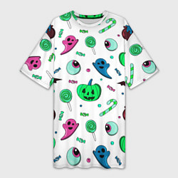 Футболка женская длинная Halloween light green pumpkin - паттерн, цвет: 3D-принт