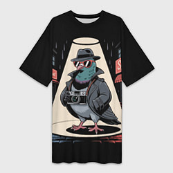 Футболка женская длинная Голубь шпион со старым фотоаппаратом в городе, цвет: 3D-принт
