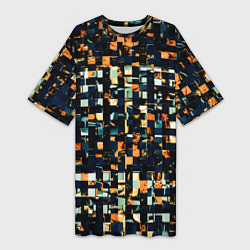 Футболка женская длинная Тёмный синий с оранжевым кубики абстракция, цвет: 3D-принт