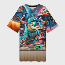 Женская длинная футболка Крокодилёныш крутой скейтбордист - киберпанк